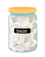 White beans in glass jar for bulk products without packaging. Navy bean isolated on white background. Trendy hand-drawn vector cartoon flat illustration.