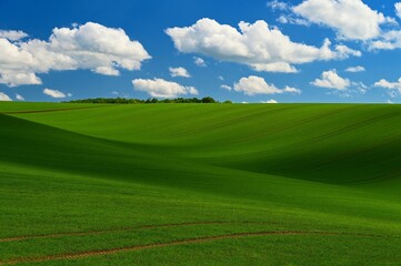 Beautiful spring landscape with blue sky, sun and clouds.