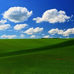 Beautiful spring landscape with blue sky, sun and clouds.