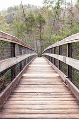 Wooden suspension bridge in the forest