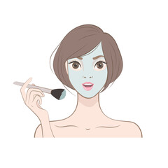 Beautiful Japanese girl puts a brush face mask. Vector illustration