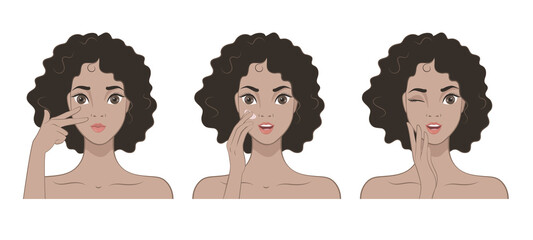 Beauty Skin Care. Happy Woman Applying Cosmetic Cream On Clean Face. Vector illustration