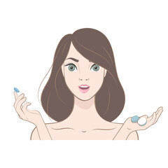 Brunette girl putting on contact lenses. Vector illustration