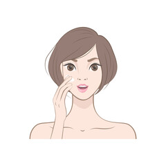 Beautiful young Japanese woman  with clean fresh skin. Beauty Skin Care. Happy Woman Applying Cosmetic Cream On Clean Face. Vector illustration