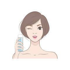 Beautiful young woman with clean fresh skin. Cartoon Girl with lotion bottle. Vector illustration