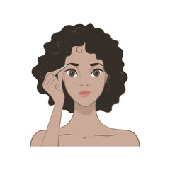 The isolated image on a white background. African American girl plucked her eyebrows with tweezers.