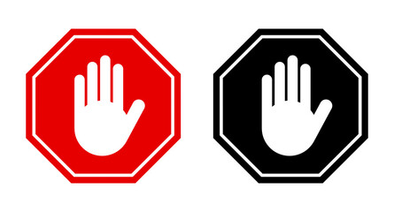 Set of Red and Black Stop Hand Block Octagon Sign or Adblock or Do Not Enter or Forbidden Icon. Vector Image.