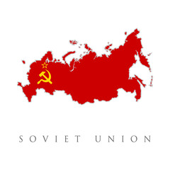 The territory of the Soviet Union. Isolated illustration on a white background. USSR country silhouette, soviet sickle and hammer symbol on red