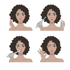 Set of images. Pretty African American woman chooses a toothbrush. Electric toothbrush. Cartoon style