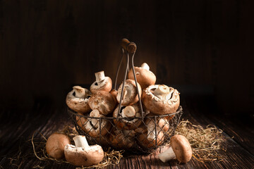 Pilze, weiße  Champignons liegen im Draht Korb auf dem Holz Tisch. Der Hintergrund ist dunkler Holz. Rund um zu liegt Stroh. Querformat, gesunde Ernährung, Studio Bild.