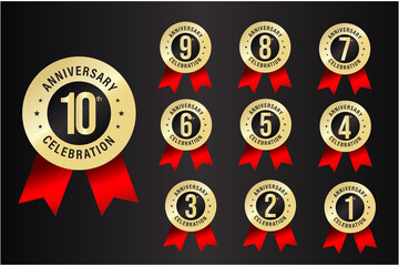 Anniversary celebration Emblem Set With Numbers And red Ribbon,  anniversary celebration premium vector icons 1,2,3,4,5,6,7,8,9,10 years