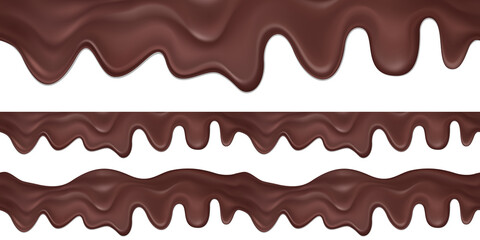 Seamless vector horizontal border of liquid dripping dark chocolate. Sweets packaging decoration isolated on white background.