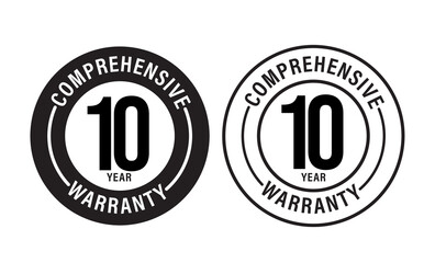 10 year comprehensive warranty  vector icon set. color in black. Full Warranty concept