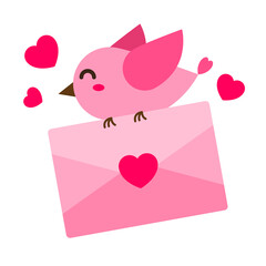 Happy pink bird carry an envelope with heart. Creative romance concept of sending love letter. Simple trendy cute vector cartoon illustration. Flat style graphic design element for valentine's day.