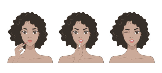Beautiful woman. Make up. Happy girl with curly hair applying lipstick on her lips. Vector illustration