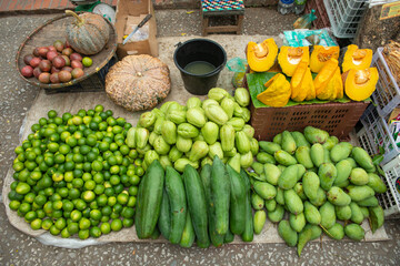 Asian fruits and vegetables sell in local market. Asian market is a local food store that primarily caters to a single particular Asian cultural group.