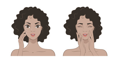 How to apply cream to the face and neck. Relaxing techniques. Vector illustration of massage lines on woman face. 