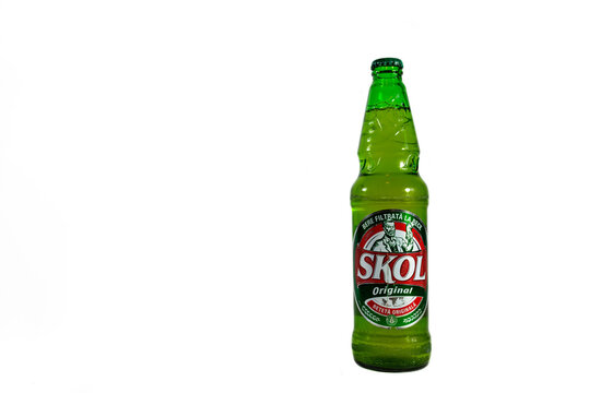  Miercurea Ciuc, Romania- 23 May 2021: Bottle of cold Skol beer isolated on white background, space for text.