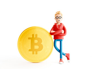 Cartoon character standing next to a large bitcoin. Happy man do bitcoin mining. Blockchain and cryptocurrency investment concept. 3d illustration.