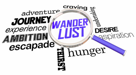 Wanderlust Magnifying Glass Search for Fun Adventure Experience Words 3d Illustration