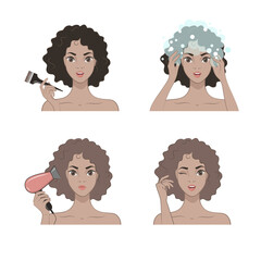 Pretty Girl applies hair dye. Set of hair treatment procedure.Vector illustration