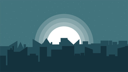 Silhouette of Industrial City at Night with Full Moon and Stars