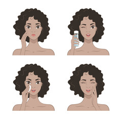 Set of images. Beauty Skin Care. Brunette Girl doing skin care. Vector illustration in cartoon style