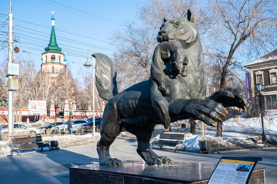 Irkutsk, Russia : 03-03-2020 : The bronze statue of Irkutsk "Babr" this bizarre beaver-tiger hybrid located in city downtown and became the symbol on coat of arms of Irkutsk town.