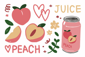 illustration of peaches, hand drawn peach, peach art set, peach illustration