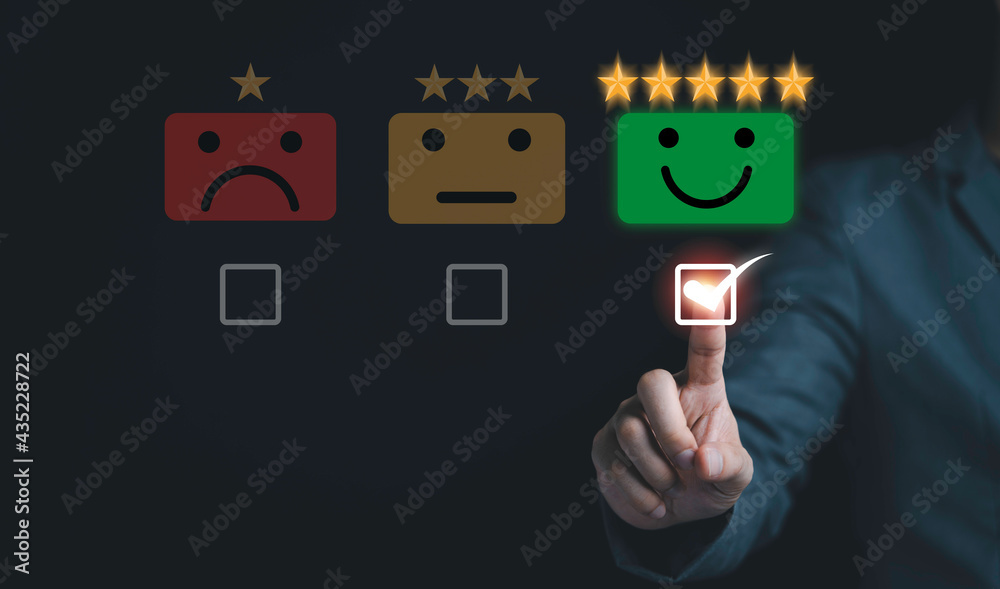 Poster businessman using pushing smile button for select smiley face and five stars for the best evaluation
