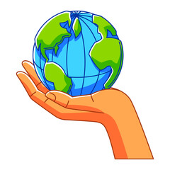 Illustration of hand holding Earth. Ecology concept for environment protection.