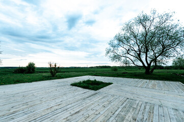 Wooden playground in the open air in the meadow
