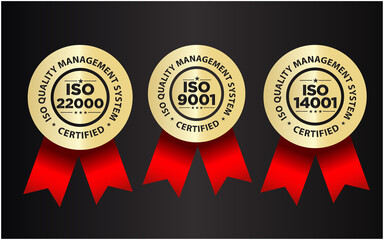 ISO certified, quality management system vector illustration set, premium golden badge  - obrazy, fototapety, plakaty