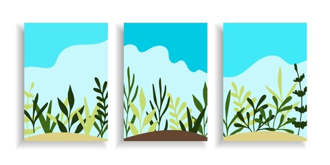 Abstract vector set of backgrounds, wallpapers, covers for spring seasonal design in green-blue tones. Garden plants, seedlings, grass, sky, summer landscape. Template, social media, story.