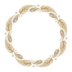 Vector round boho style frame. Feathers and beads card template.