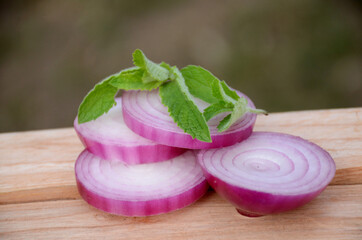 Obraz na płótnie Canvas the purple white sliced onion with mint on the wooden and green background.