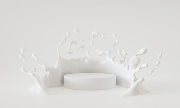 Milk splashing in the podium white isolated on white background, 3d rendering