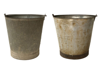 Two old metal vintage buckets isolated over white