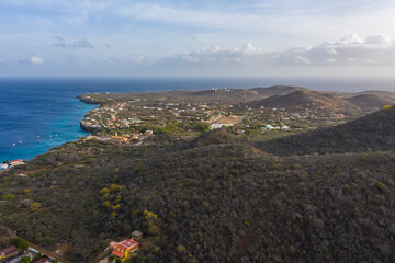 Aerial view above scenery of Curacao, Caribbean with hills and mountains