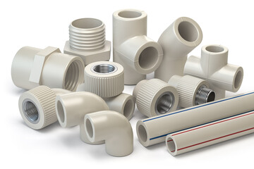 Set of PVC pipe fittings isolated on white. - obrazy, fototapety, plakaty