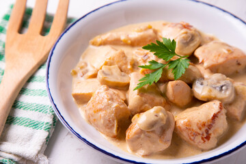 Meat with strogonoff sauce. Traditional Russian recipe.