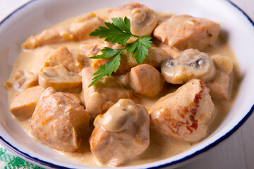 Meat with strogonoff sauce. Traditional Russian recipe.