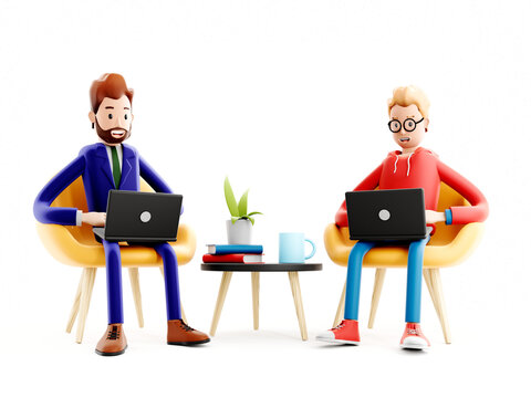 Cartoon characters with a laptops. Concept of distance work, study and communication. Coworking space with coder, designer or office workers, 3d illustration.