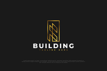Minimalist Real Estate Logo in Gold Gradient with Line Style. Construction, Architecture or Building Logo Design Template