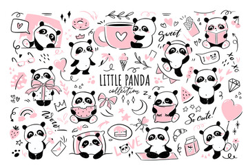 Fototapety  Little panda - big clipart collection. Set of illustrations with cute panda character doing various activities - hugging cup of coffee, sleeping, doing yoga, flying on balloon, eating watermelon.