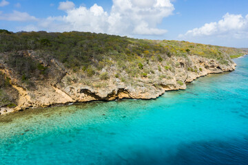Aerial view above scenery of Curacao, Caribbean with ocean, coast and beach