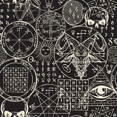 Fototapeta premium Monochrome seamless pattern with hand-drawn goat head, all-seeing eye, vitruvian man, human skulls, esoteric and masonic symbols on a black backdrop. Abstract vector background in retro style