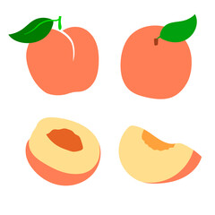 A set of flat fruit. Ripe peaches with leaves, whole, half and piece. Vector illustration.