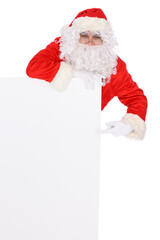 Crazy cheerful Santa Claus near copy space area, isolated over white background. Merry Christmas and New Year concept