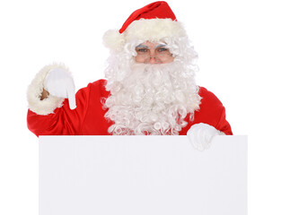 Crazy cheerful Santa Claus near copy space area, isolated over white background. Merry Christmas and New Year concept